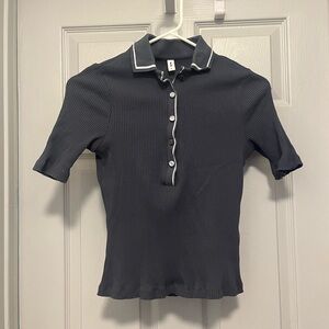 KOTN Charcoal Ribbed Button-Front Polo with White Trim